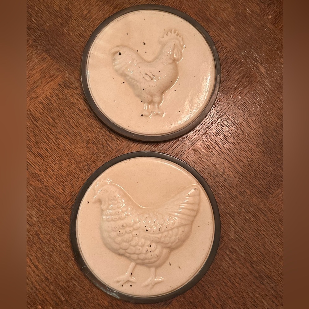Vintage Rooster & Hen Cream Ceramic Tile and Metal Wall Decor Country Farmhouse